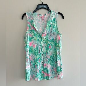 Lilly Pulitzer Floral Printed Sarasota Top in Seasalt Blue on Parade, size S